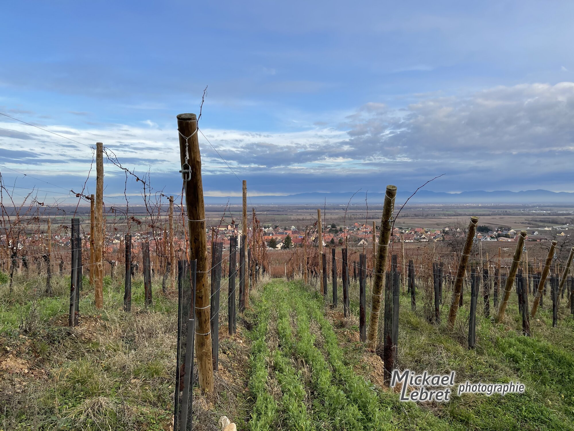 Les vignes d'hiver au-dessus du village, sous un ciel changeant