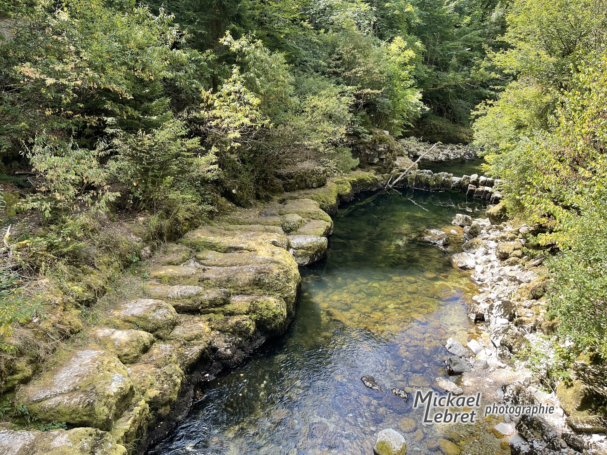 Le lit de la Bienne vers l'aval, entre les dalles de calcaire de la rive gauche