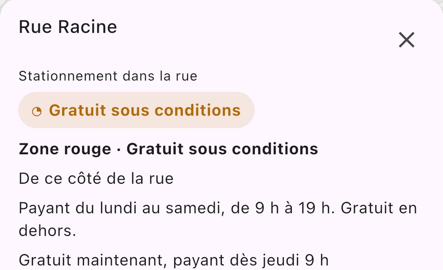 La fiche de la rue Racine : « Gratuit maintenant, payant dès jeudi 9 h »
